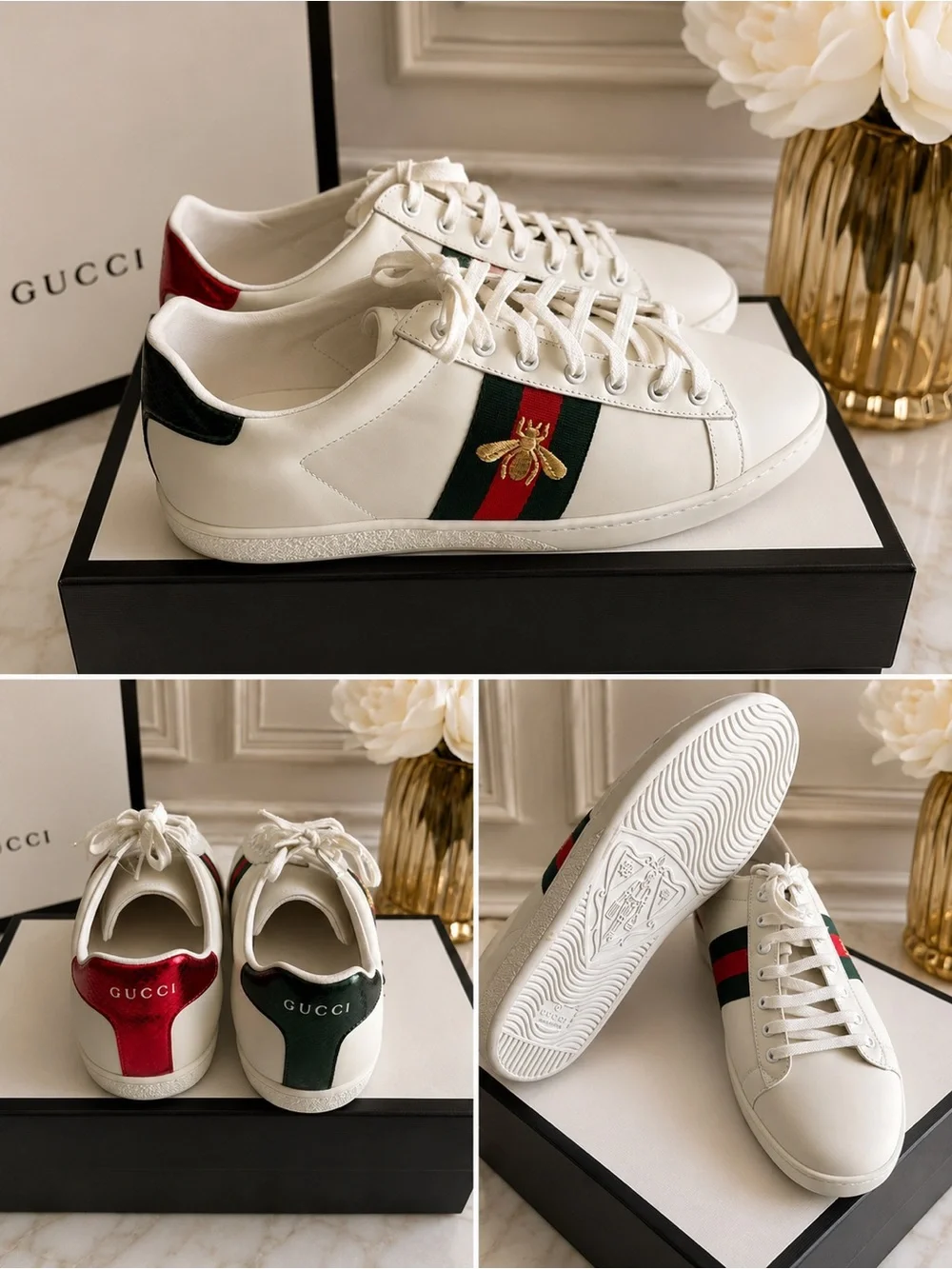 Gucci Ace Web Stripe Leather Sneakers White Men’s Size 45 w/ Box Dust Bag